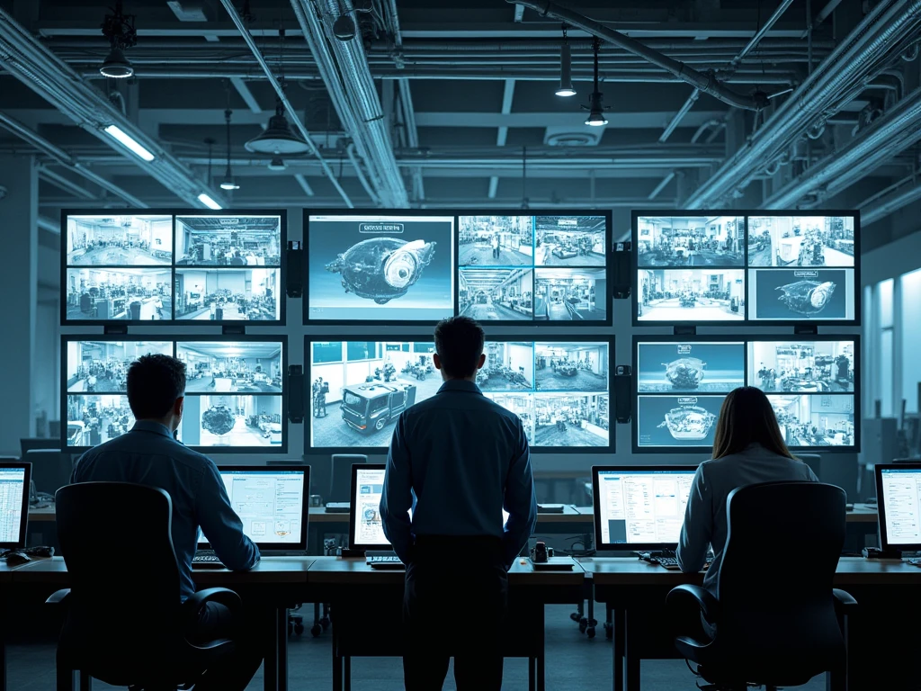 Central de C.F.T.V., com vários monitores e funcionários.